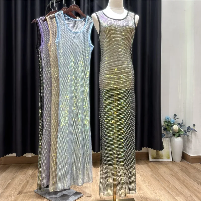 

Sparkling Hot Drill Round Neck Undershirt And Nude Open Long Grid Temperament AB Colorful Diamond Dress