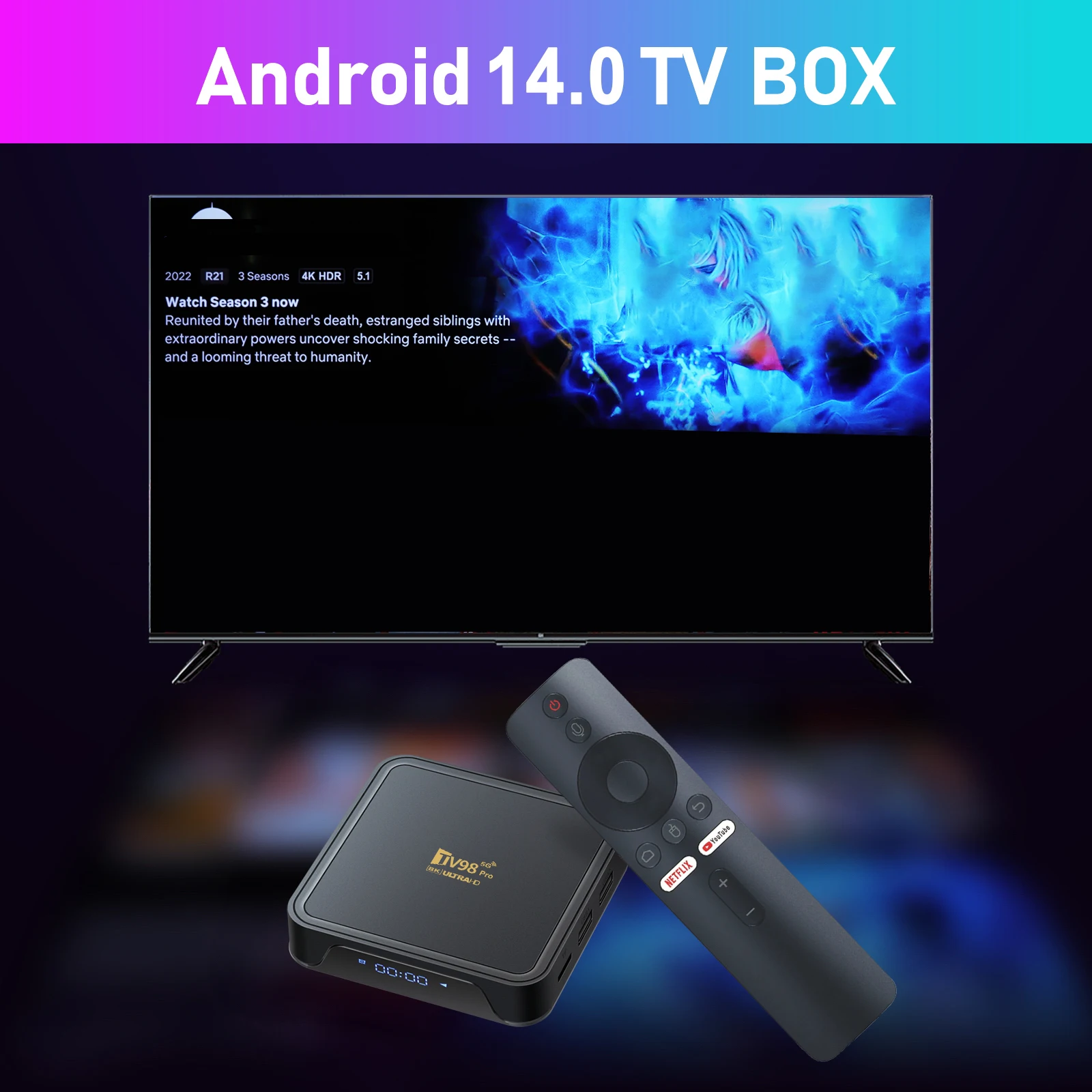 TV98 PRO TV Box Android 14 ATV H313 Quad Core, TV Box mendukung 5G Dual Wifi 8K 4K Media Player TB 5.2 dengan kendali suara