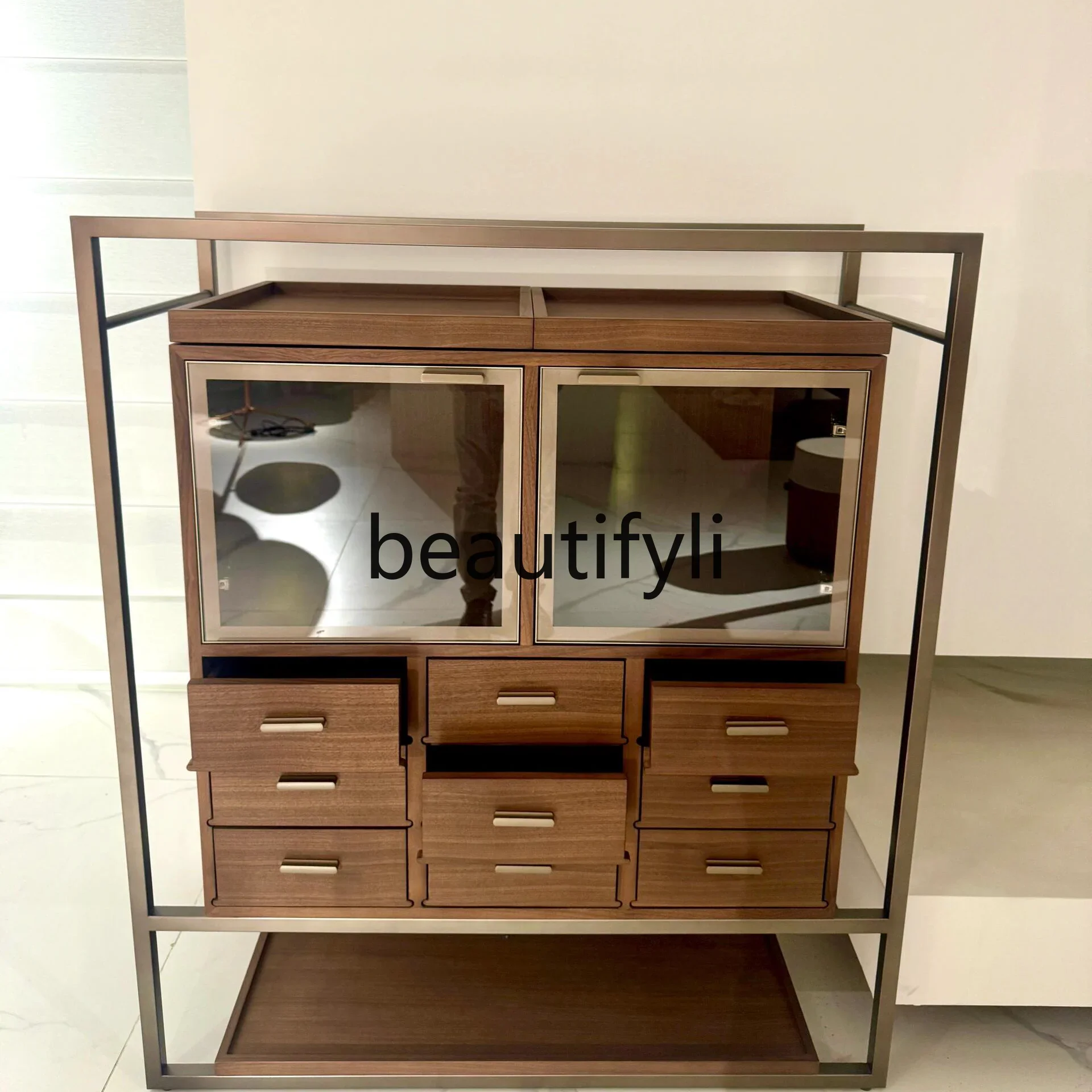 

Light luxury, high-end wine cabinet, living room against the wall modern high-end light strip, glass storage drawer, cabinet