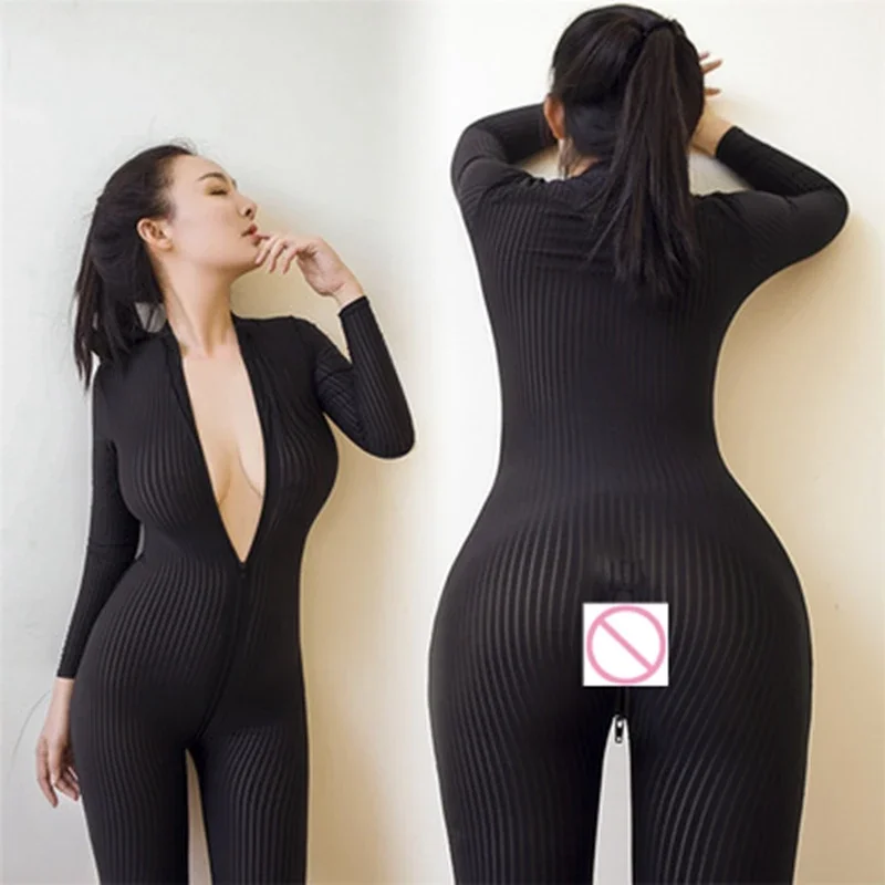 XS-8XL Sexy Open Crotch Bodycon Long Sleeve Jumpsuits Fashion Mesh See-Through Black Romper Skinny Double Zipper Overalls Femme