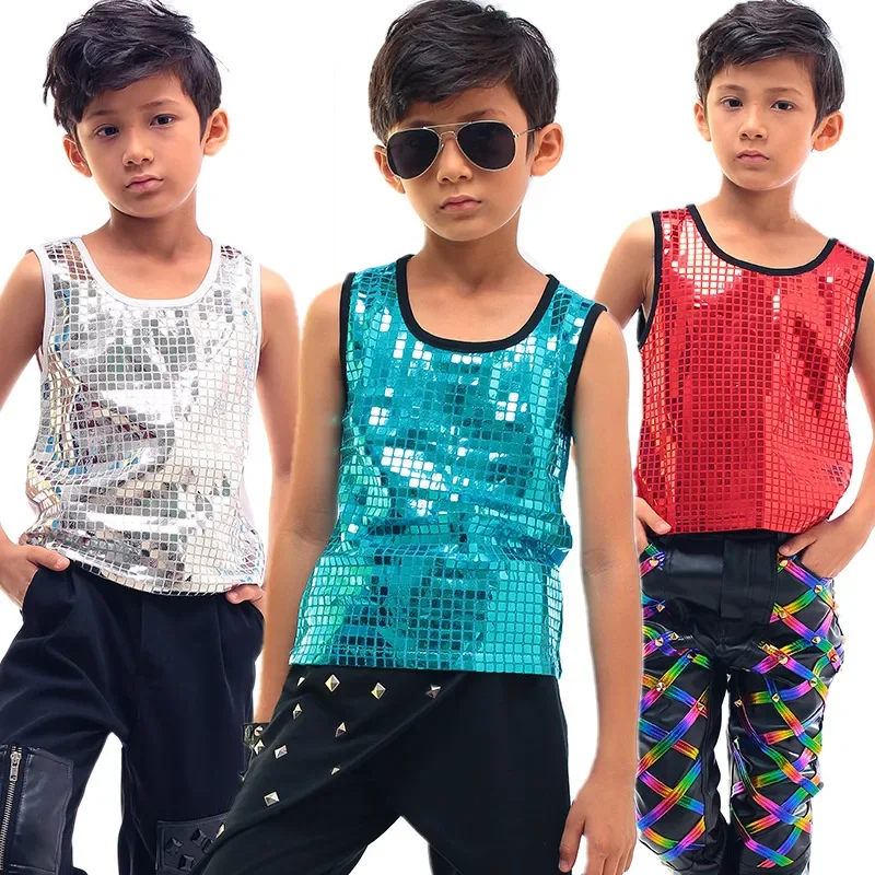 Gilet di paillettes t-shirt nera ragazzi Top abbigliamento da ballo costumi da ballo Hip Hop gilet in pelle per bambini Top bambini Street