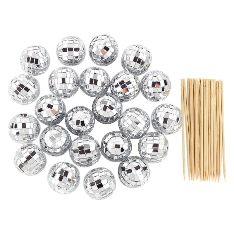 10/12/100P Silver Disco Mirror Balls Food Fruit Toothpick Cocktail Stirrer Cake Cupcake Topper Birthday Wedding Party Decoration