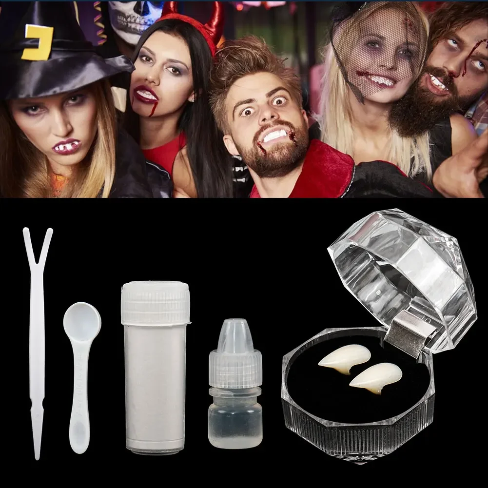 1 زوج هالوين مصاص دماء الأسنان الأنياب أطقم الأسنان الدعامة زي حفلة DIY بها بنفسك تأثيري الدعائم ديكور كاذبة الأسنان الراتنج الأنياب مع الغراء الصلب