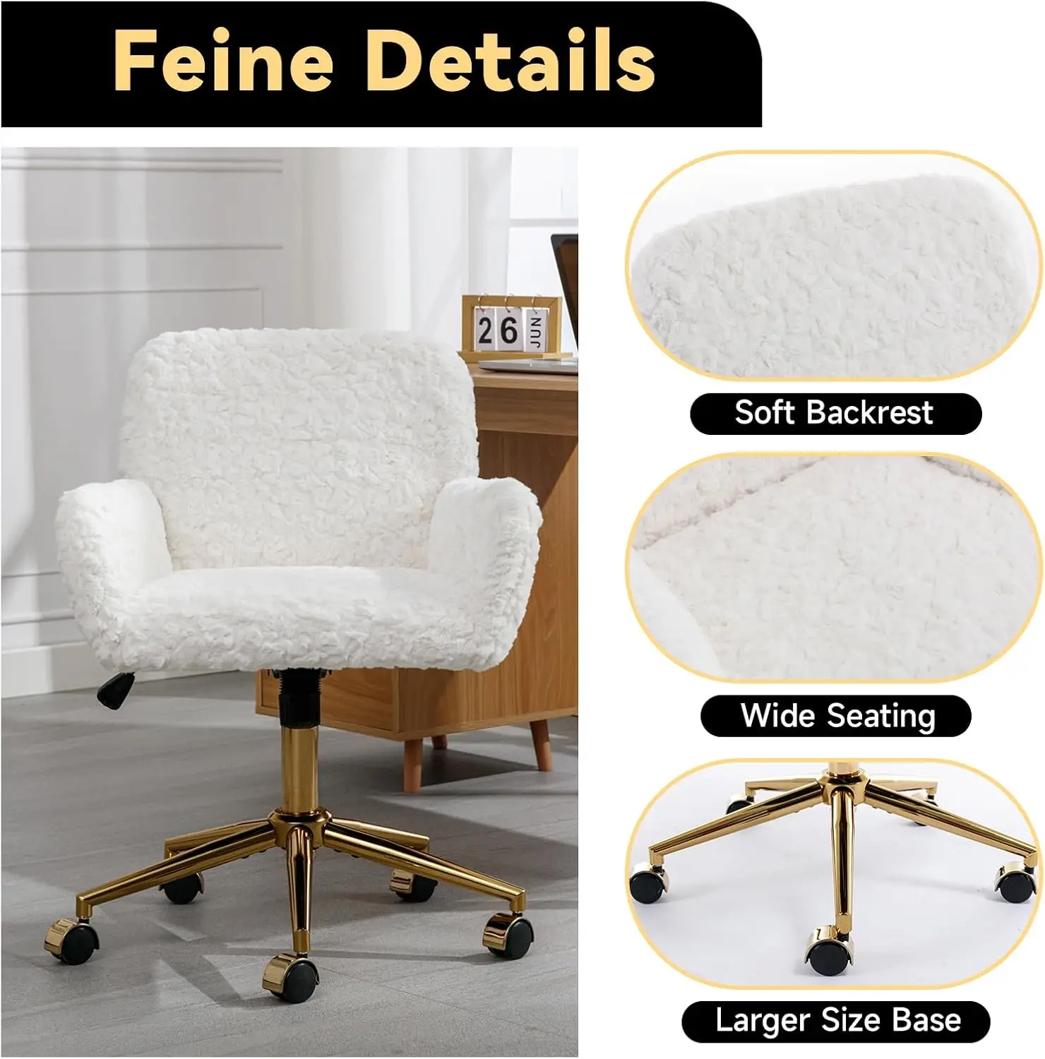 HMFULE Artificial Rabbit Hair Home Office Chair with Golden Metal Base Adjustable Desk Chair with Wheels Computer Vanity Chair f