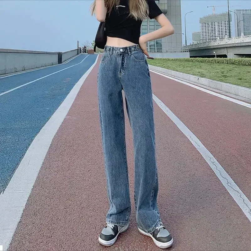 Pants for Women Blue Trousers High Waist Shot Straight Leg Womens Jeans White 2000s Y2k Streetwear R Retro Fashion Casual Cool A