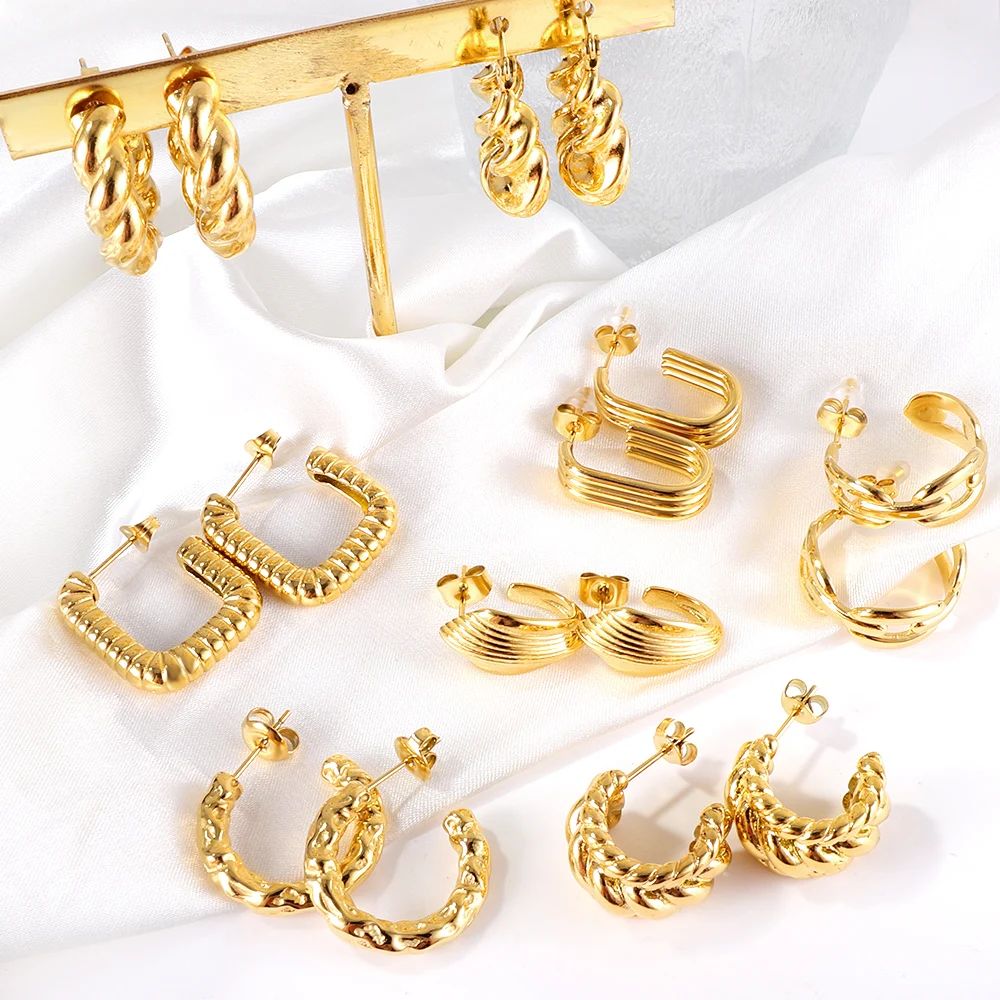 LUXUSTEEL Stylish C Shaped Women Hoop Earrings Golden Plated Stainless Steel Beads Square Rolo Dangle Ear Jewelry Gift for Her