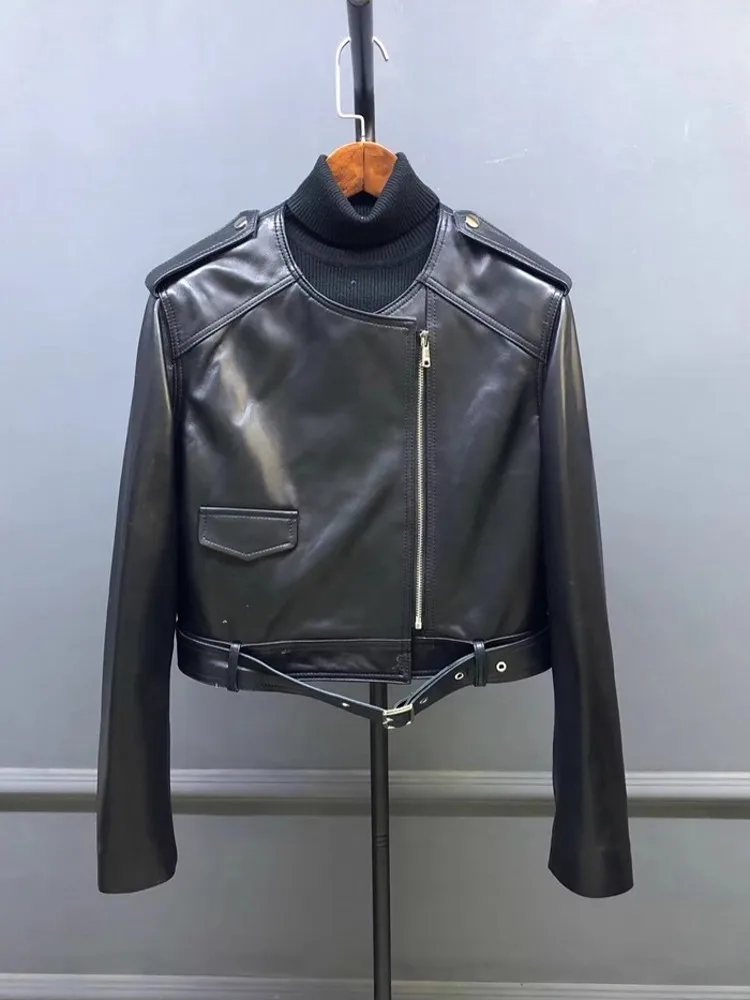 Herbst Frauen Motorrad Biker Weiche Schaffell Echtes Leder Jacke Zipper O Neck Arbeit Cargo Jacke Mode Winddicht Punk Mäntel