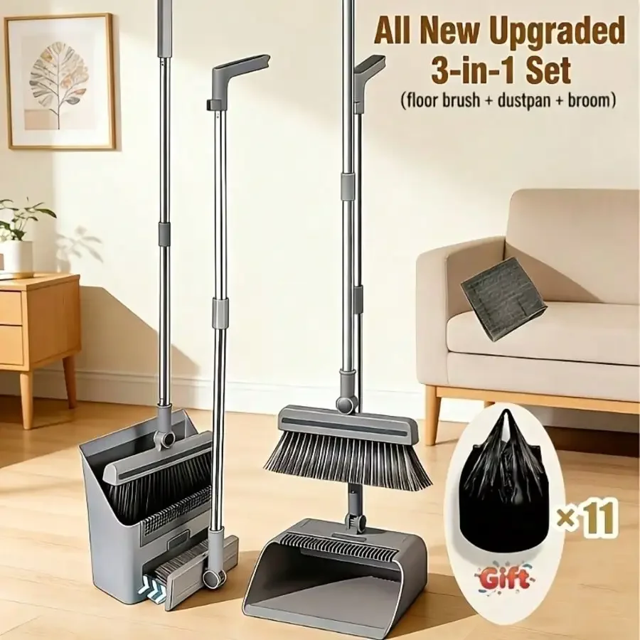 3-In-1 Magnetic Broom With Dustpan Combo Set, Broom And Dustpan Set With Silicone Broom, Upright Standing Dustpan Self-Cleaning Teeth For Home, Kitchen, Office, Hall Floor, Pet Hair