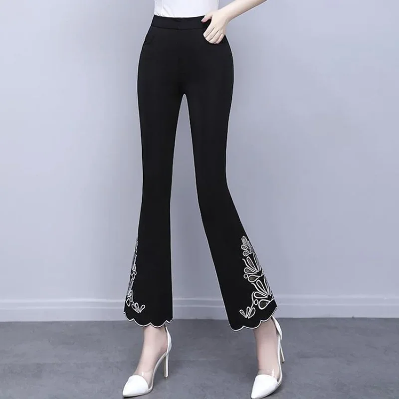 Spring New Patchwork High Waist Flare Pants Solid Color Slim Plus Size Black Wide Leg Pants Vintage Casual Women Clothing Z71