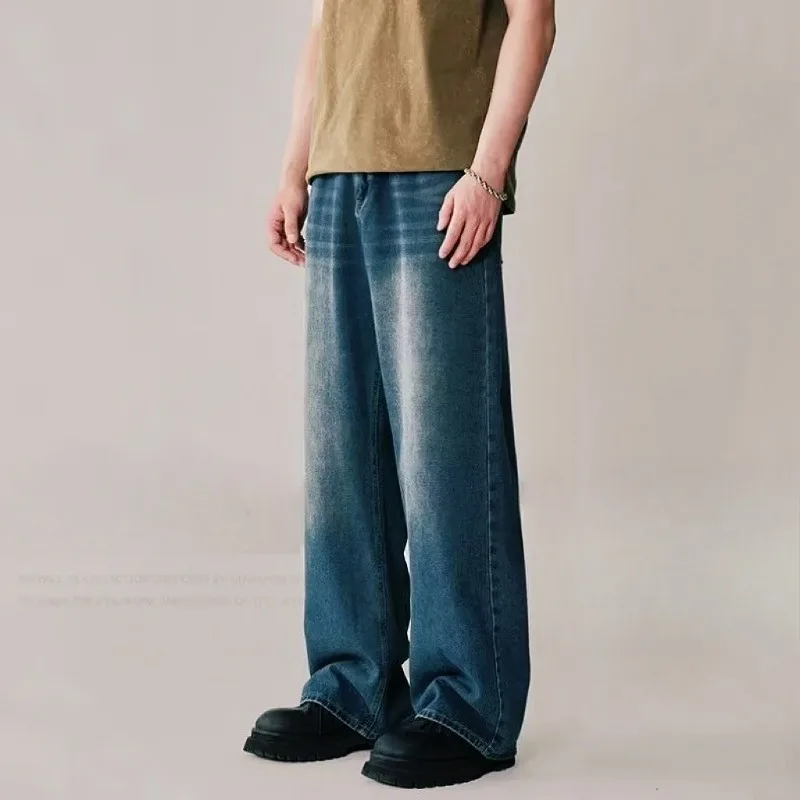 

Spring Autumn Men's New Denim Pants Old Blue Washed Casual Jeans Menwear Loose New Fashion contrasting color Wide Leg Trousers