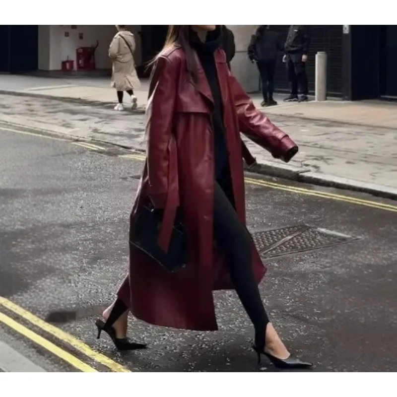 

ZEMOREXMZ новое женское бордовое пальто из искусственной кожи в стиле ретро с карманами на поясе, свободное удлиненное пальто, верхняя одежда