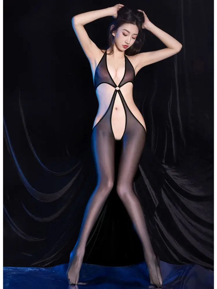 Decote Em V Profundo Oco Out Transparente Catsuit Meia-calça Bodystocking Collants Crotchless Aberta Virilha Bodysuit Sexy Clubwear Lingerie