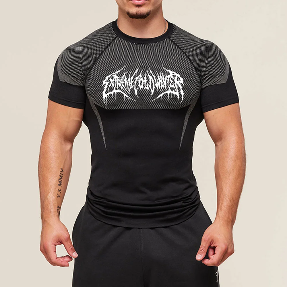 New Gym Short Sleeve Running T-Shirt Men's Compression Long Sleeve Shirt Sun Protection Quick Drying Sports Top Black Sportswear