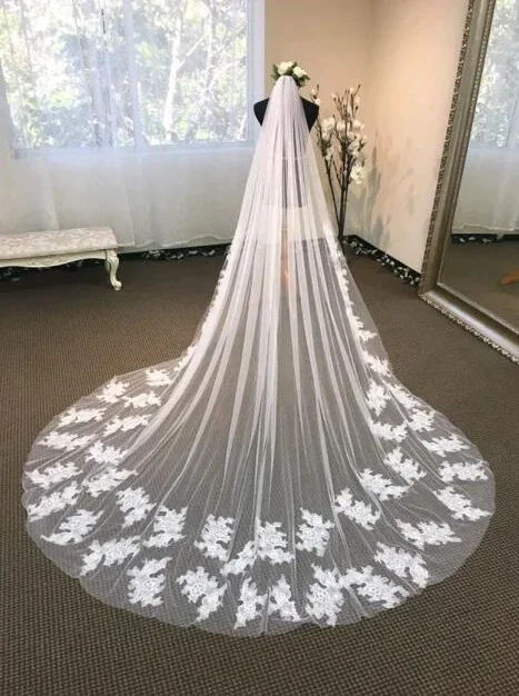 

Lace applique bridal veil cathedral length wedding lace cathedral white or ivory custom size