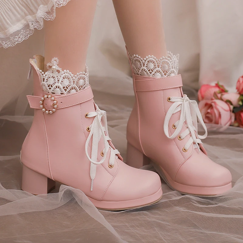 

Белые ботильоны Sweet Lolita для девочек, осень 2023, черные, розовые короткие ботинки на блочном каблуке, вечерние непромокаемые туфли принцессы 12 лет
