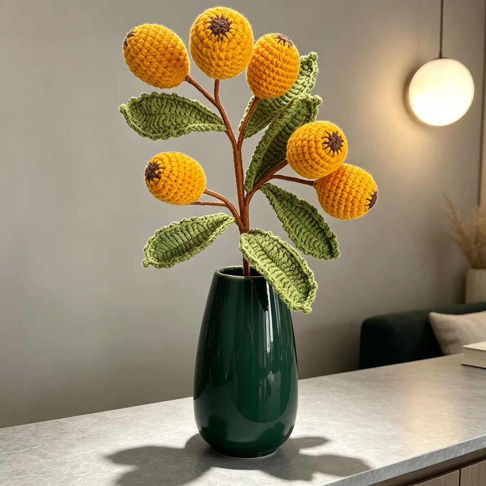 Handmade Wool Knitted Loquat Fruit Bouquet Orange 47x16cm Crochet Flower Arrangement Home Decor Wedding Photography Prop Artific