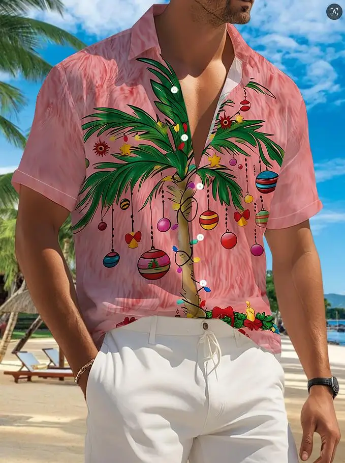 Men Short Sleeve Shirt Christmas Truck Gnome Gift Print Turn Down Collar Casual Holiday Tops Men's Clothing