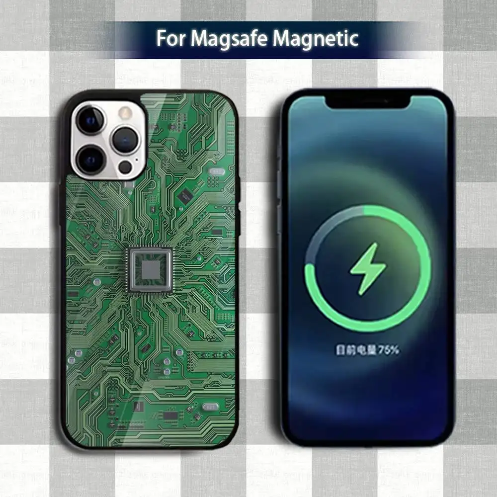 Custodia per telefono con scheda circuito C artistica stampata per iPhone 13,12,15,17,11,16,14,Pro,Max,Plus,Mini,Magsafe, custodia di ricarica wireless magnetica