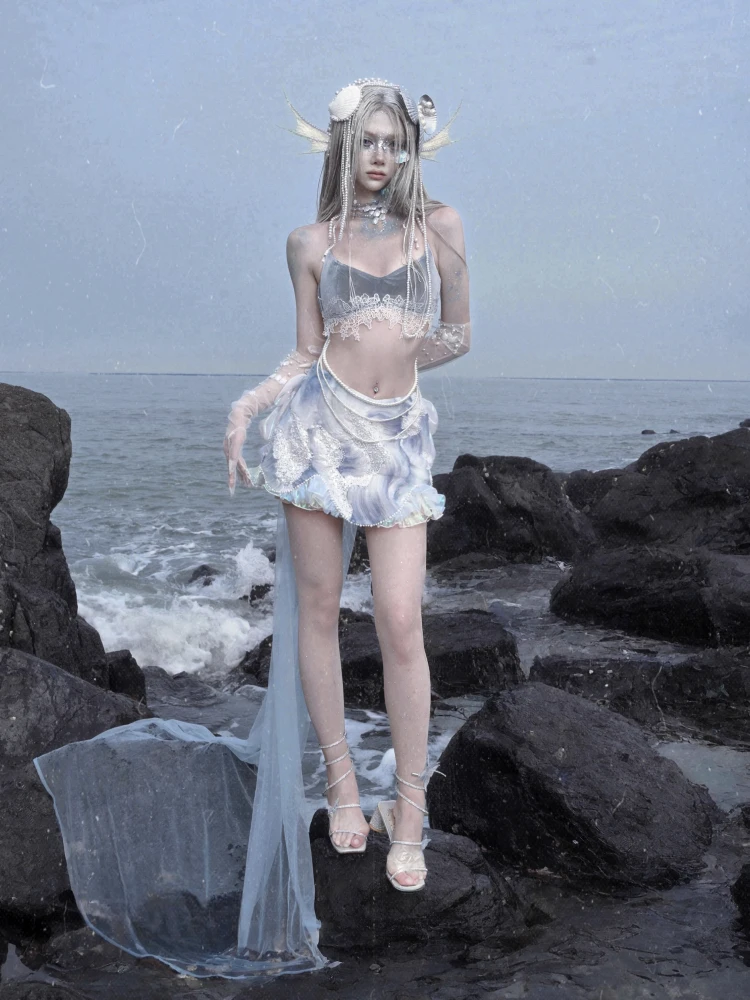 Sous-culture originale industrie lourde chaîne de perles Super-courte haut sexy Style Punk douce fille Cosplay Camis perle traînant jupe costume