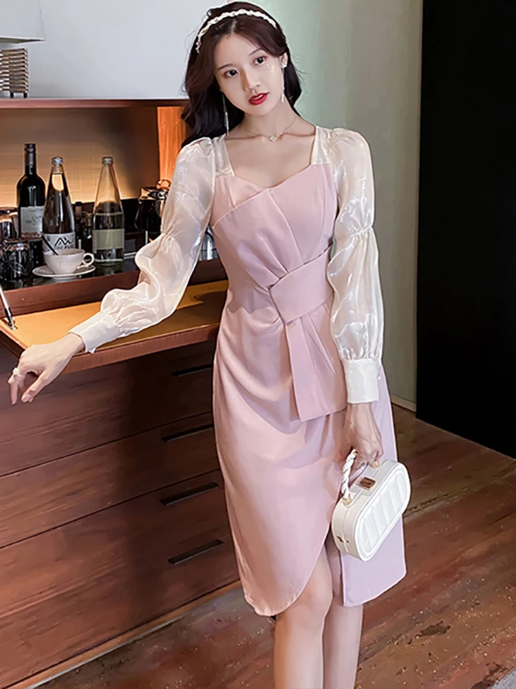 Abito longuette con fasciatura con fiocco chic patchwork rosa da donna Autunno Inverno Elegante abito casual a maniche lunghe 2025 Abito da festa aderente coreano