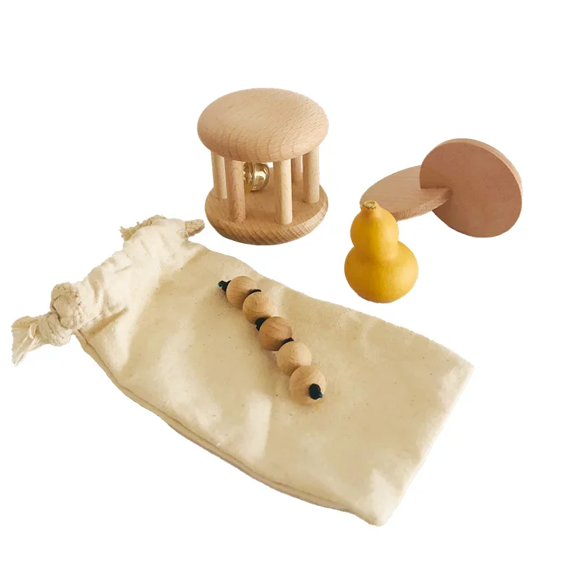 

Montessori Wood Bell Rattle Interlocking Discs Grasping Beads Baby Toys Newborn Hand Motor Skill Practical Tools Early Education