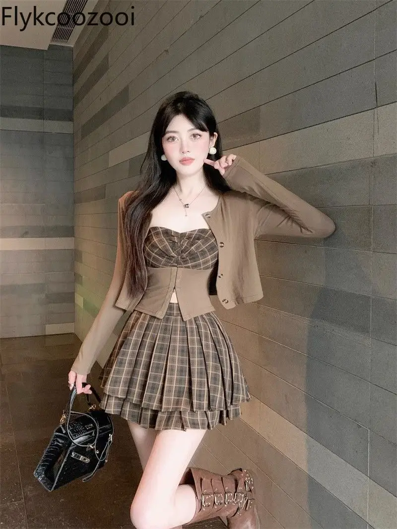 Vintage Plaid Patchwork Knitted Halter Long Sleeve Slim Cardigan Damski jesienny zestaw plisowanej spódnicy biodrowej z wysokim stanem
