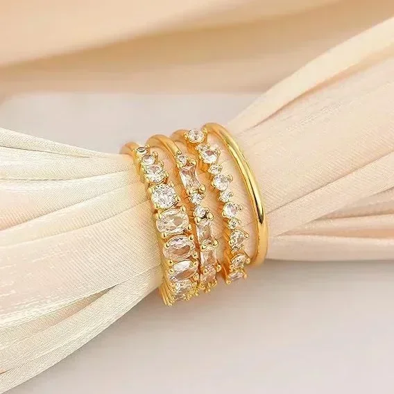 New sweet romantic accessories, gold-plated zircon four-piece women\'s ring, fashion set jewelry.