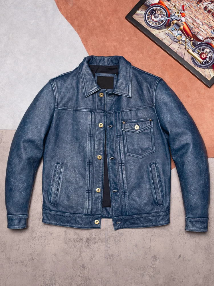 

Retro Distred Leather Jaet Men's Turn-down Collar Slim-fit Top-layer Cowhide Real Leather Denim Sle Outerwear