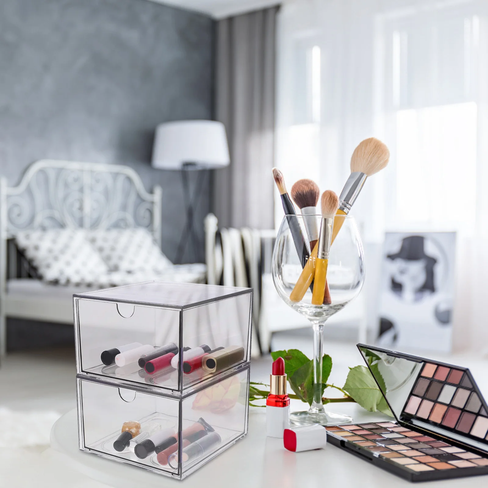 

2pcs Clear Acrylic Makeup Organizer Box With Drawers Stackable For Vanity Bathroom Countertop Skin Care Storage Face Towels