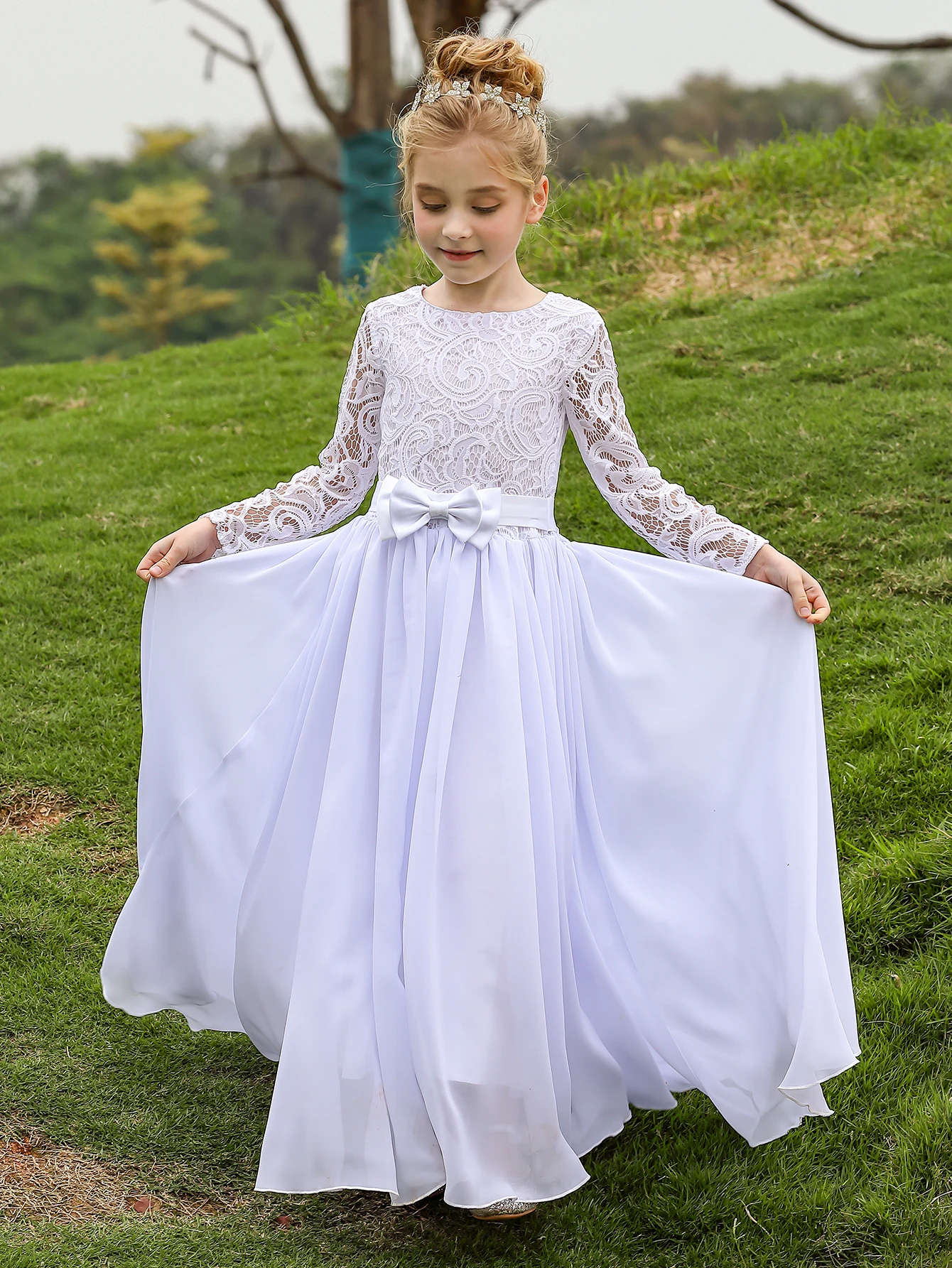 Girls' Bow Long Sleeve Princess Dress - Lace Mesh Formal Gown for Birthday Wedding Flower Girl & Performance