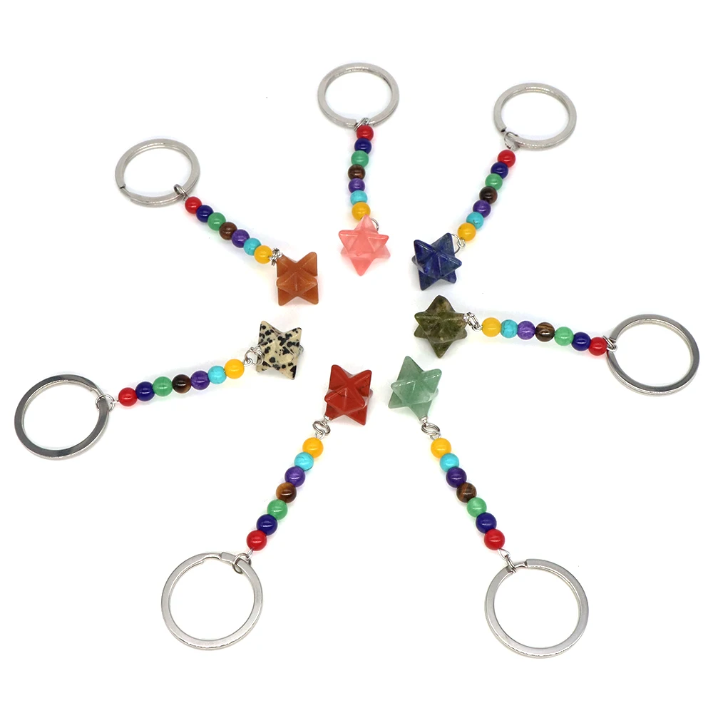 Natural Stone 7 Chakra Beads Key Chain Ring Healing Crystal Mushroom Point Wand Merkaba Star Pendant Car Bag Jewelry Accessories