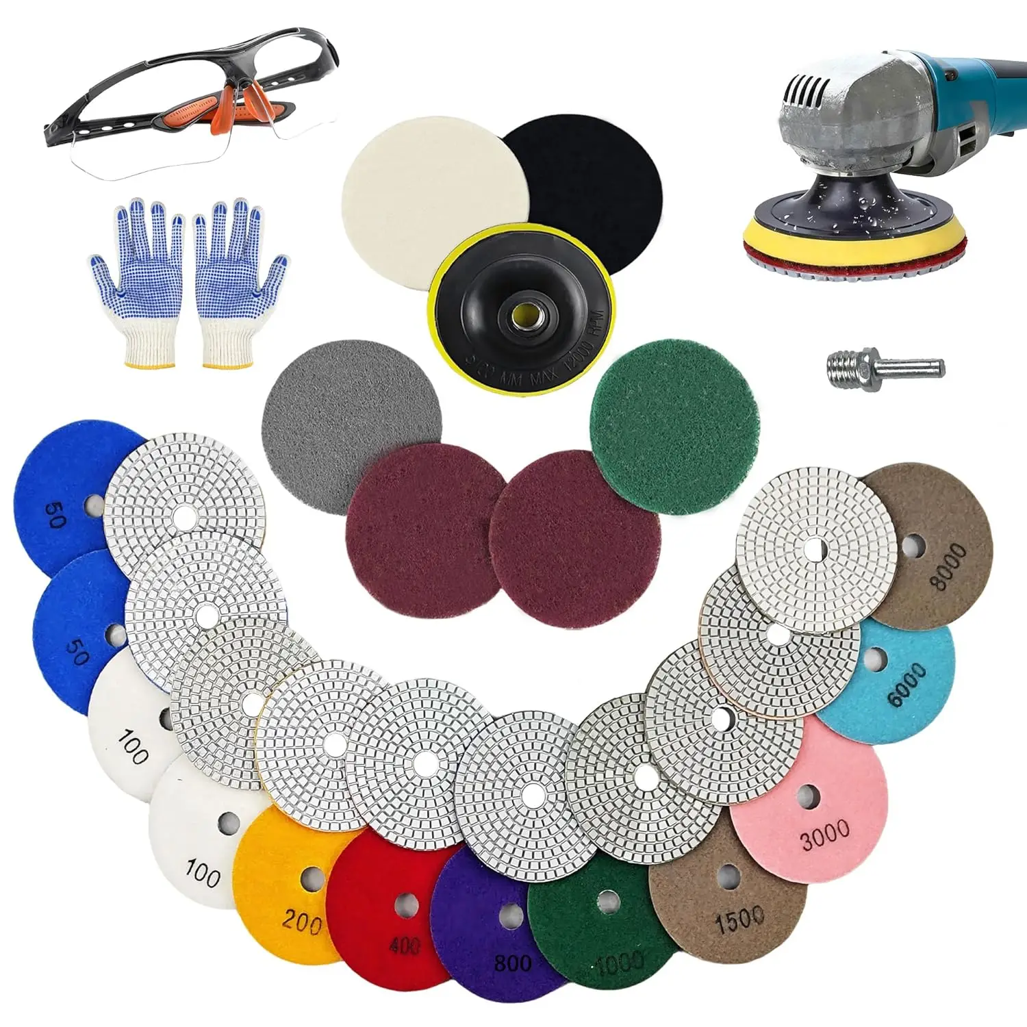 

4-дюймовые алмазные полировальные подушечки, 22 шт., комплект для влажной/сухой уборки зернистостью 50-8000 с подкладкой и адаптером для дрели