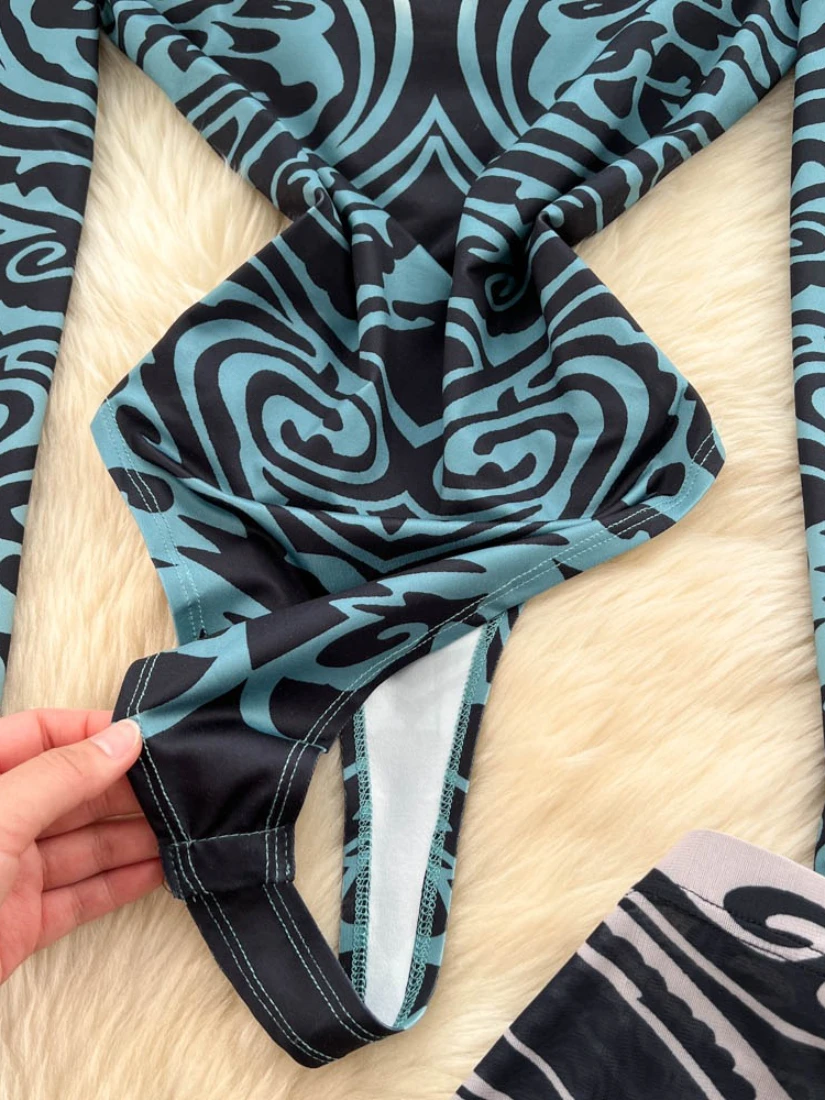 Foamlina Sexy 2-teiliges Set für Damen, V-Ausschnitt, lange Ärmel, bedruckt, schmale Bodys und elastische Taille, durchsichtige Netz-Leggings-Anzüge