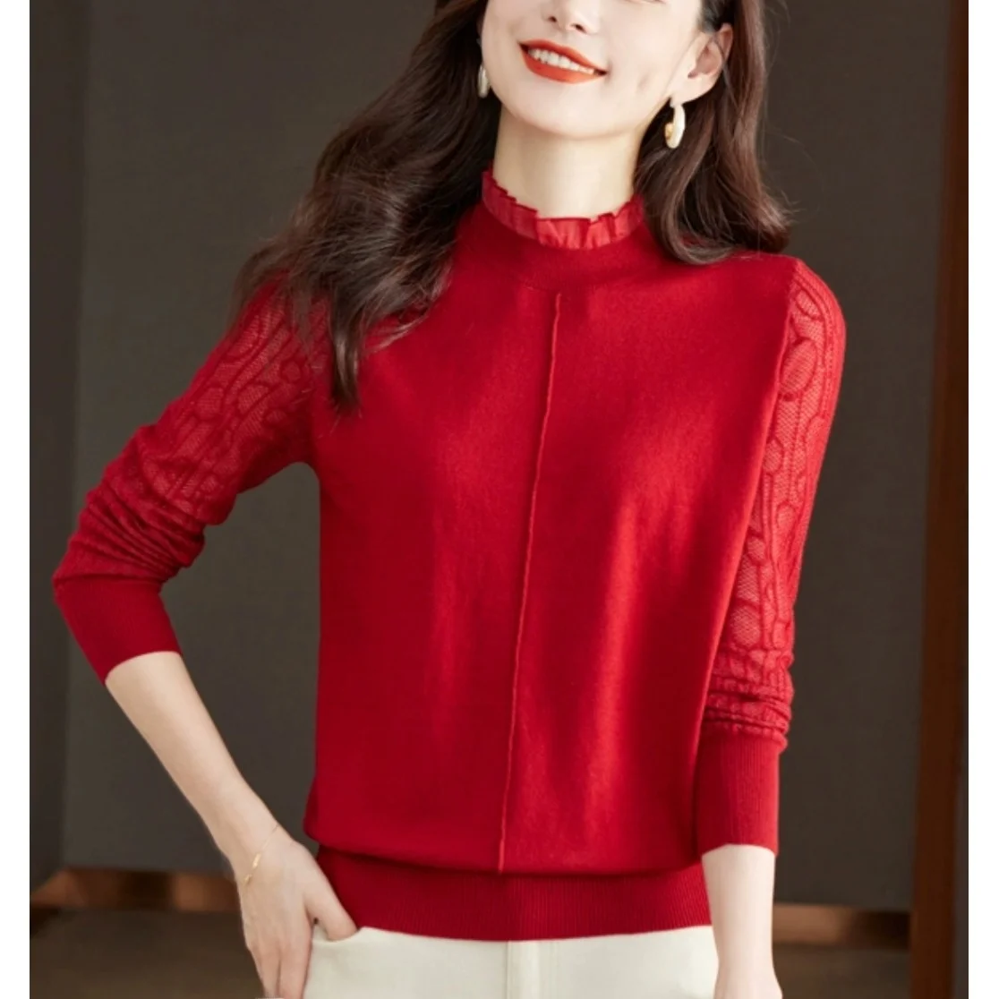 アウトレット 秋冬 ニット レース ベース irt f ハイカラー トップ レイヤード服 韓国風 スリ ルーズフィット ロングスリーブ