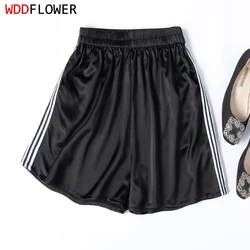 Women Shorts 100% Mulberry Silk 40 Momme Heavy-Weight Black Striped Middle Waist Pants Trousers Summer M1164