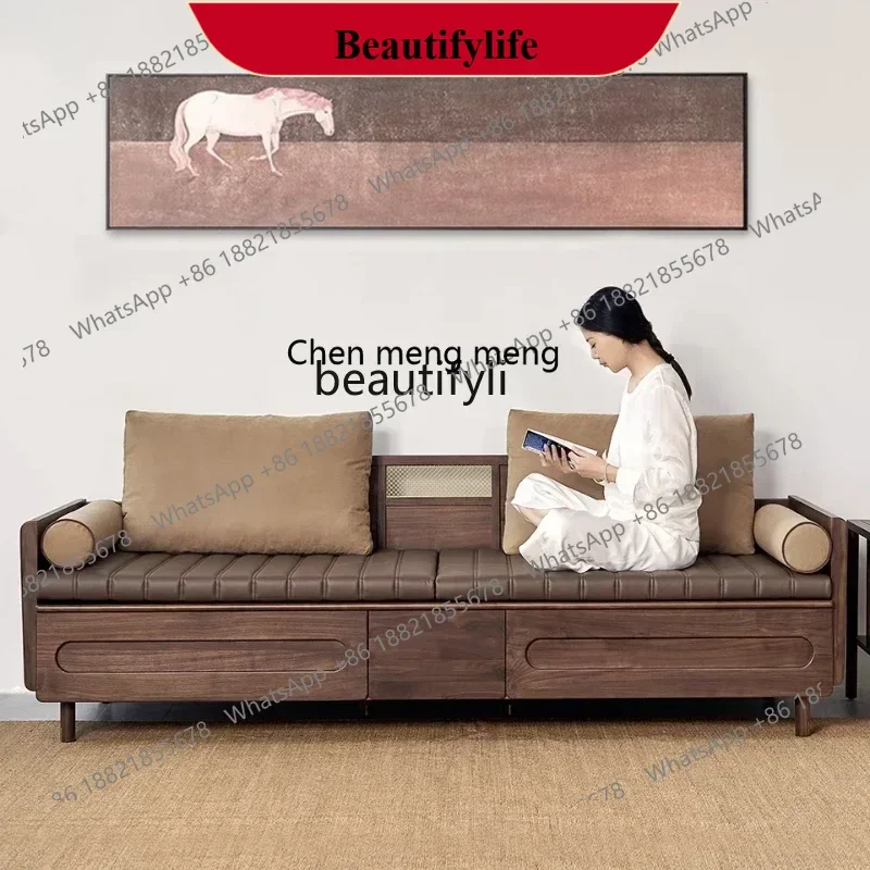 z183 New Chinese-style North American black walnut solid wood sofa leather three-person Arhat bed modern, living room furniture