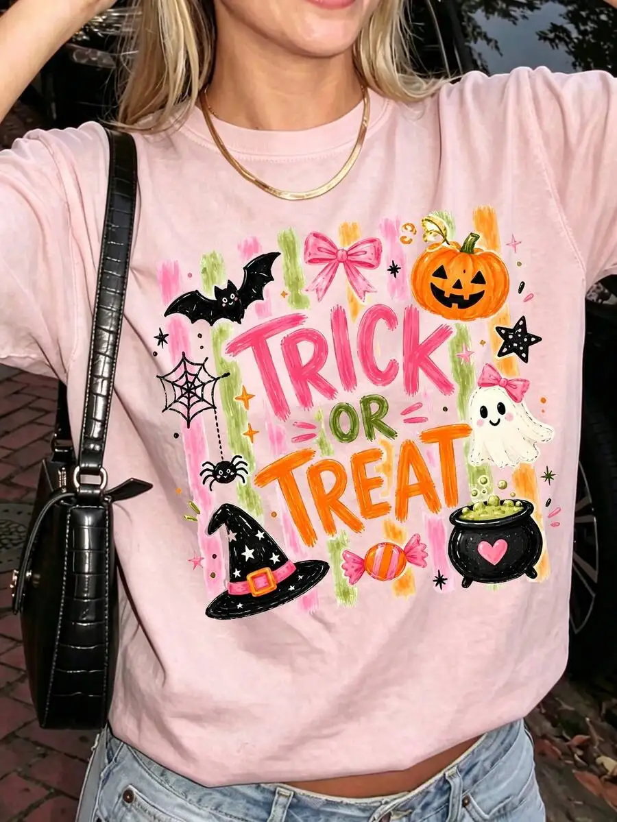 Women's Retro Pink Trick Or Treat Print Coquette Aesthetic Varsity Style Halloween Fall Casual Short Sleeve Crew Neck Graphic T‑Shirt Tee Top