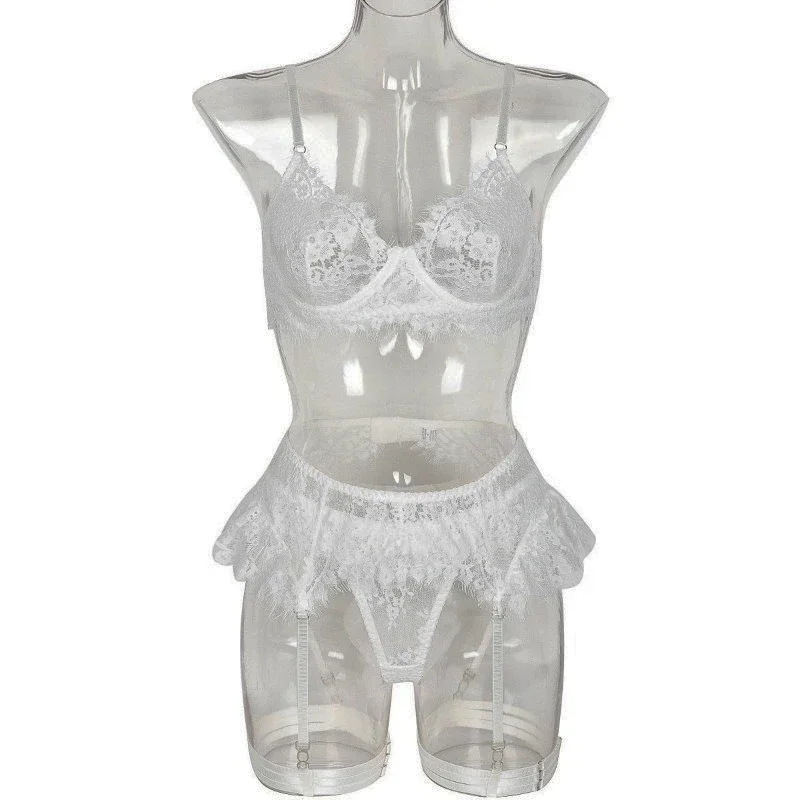 Tornova 4 Piece Set Sexy Lace Underwear Set for Women Mesh See-Through Garters Solid Color Women's Underwear Sexy Lingerie Set