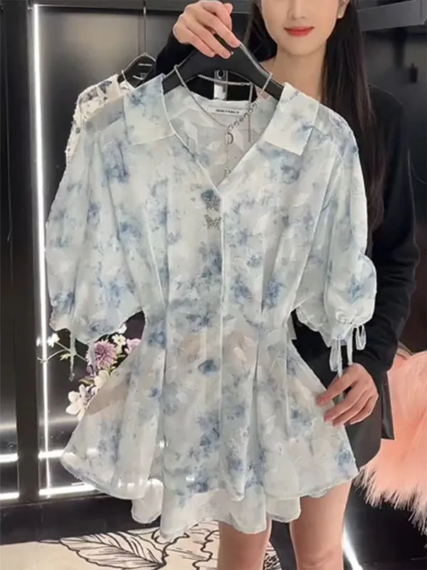 

Collar Floral Print ort Sve irt Women's Waist Cinched Pleated Slimming Top Korean Sle Loose Fit Summer New Arrival