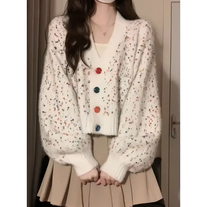 Japanese Rainbow Dots Super Good-looking Cardigan, V-neck Sweater, Women's Spring and Autumn Short Spring Autumn  Knitwear Tide