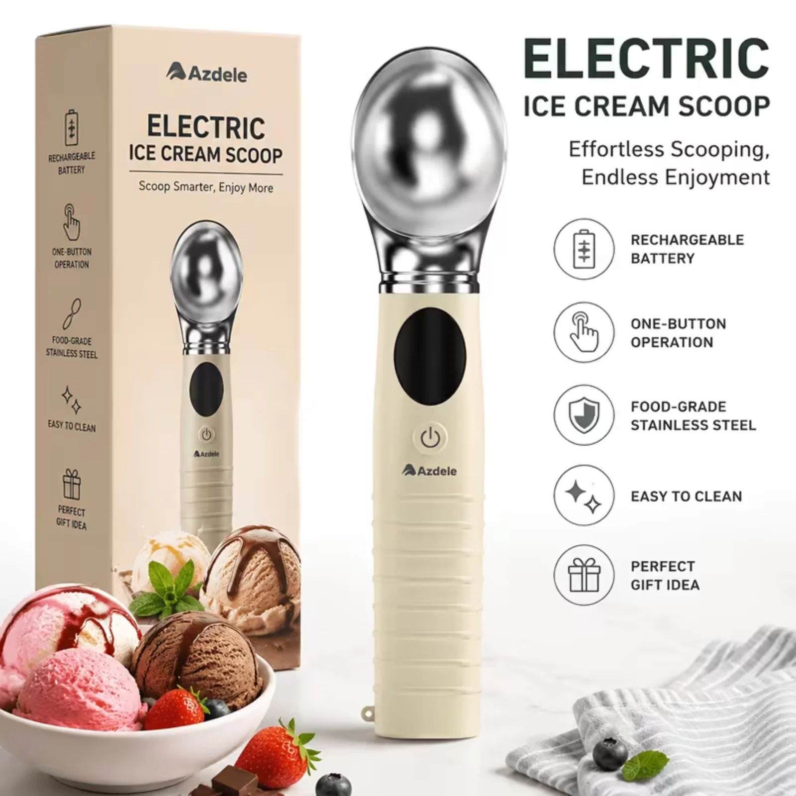 4-in-1 LED Display, Rechargeable Electric Ice Cream Scoop With Adjustable Heating Function - Temperature Range 100-160℃ For Hard Ice Cream, Frozen Yogurt And Smoothies