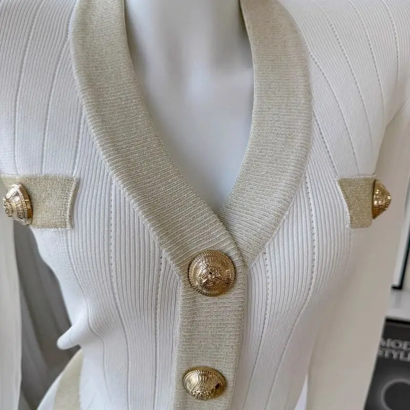 Spring Autumn Coat Slim Knitted Cardigan Women Metal Buttons Design Sweaters Soft Long Sleeve Tops Outerwear Chic Knitwear New