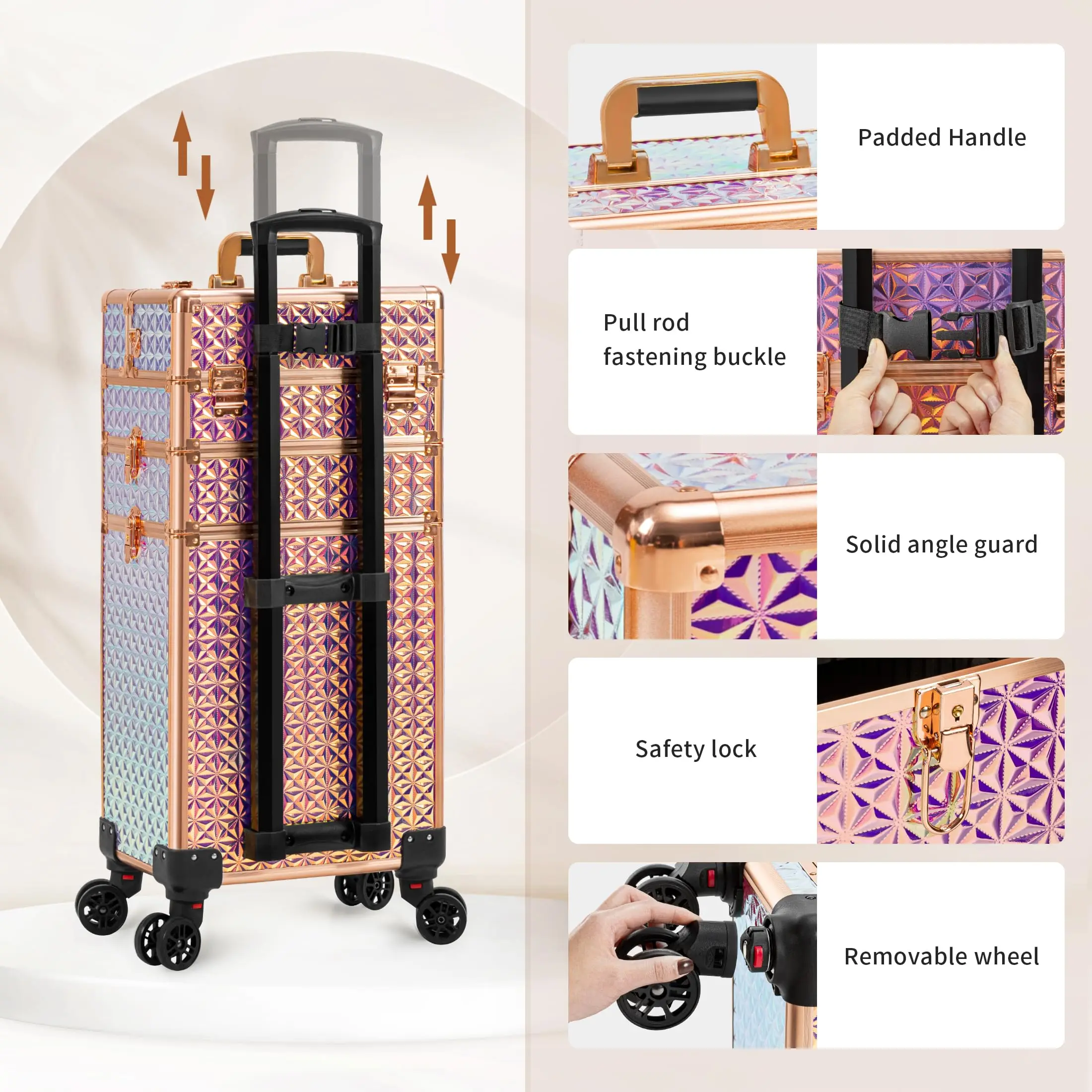 กระเป๋าเครื่องสำอางแบบมีล้อพร้อมลิ้นชัก 3 ชั้น สำหรับช่างแต่งหน้าและช่างทำเล็บ