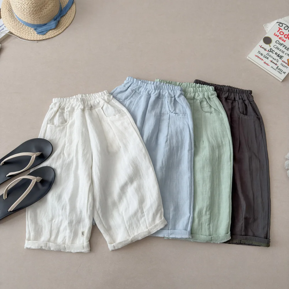 Summer Korean Style Boys Flax Pants Solid Color Elastic Waist Loose Kids Pants Thin Soft Children Trousers Daily Outfits