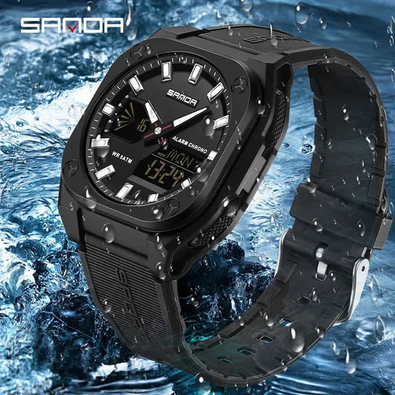SANDA 새로운 럭셔리 남성용 쿼츠 시계 군용 스포츠 크로노 그래프 방수 시계 LED 빛나는 듀얼 디스플레이 전자 남성용 시계