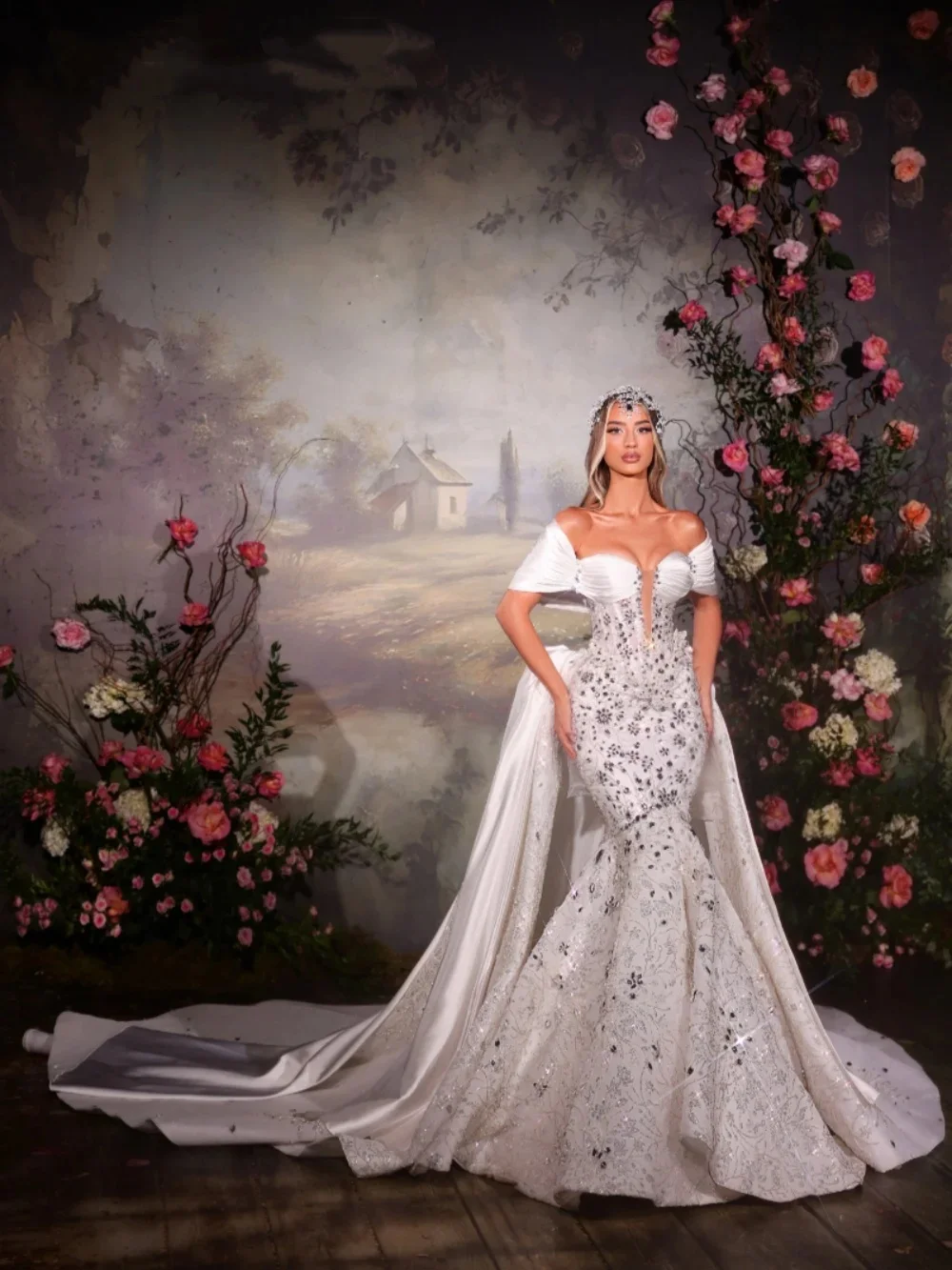 Exquisite Off Shoulder Wedding Dresses Rhinestone Mermaid Bridal Gowns Detachable Train Sequins Customized Vestidos De Novia