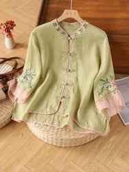 Embroidery Chinese Style Blouses Summer Vintage Women's Shirt Loose Cotton Linen Women Tops Short Sleeves Clothing 2024 New