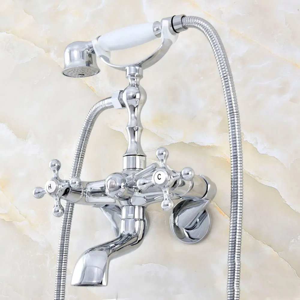 

Polished Chrome Brass Claw-foot Bathtub Faucet Wall Mounted Tub Filler Handheld Shower - Adjusts From 3-3/8" aqg415