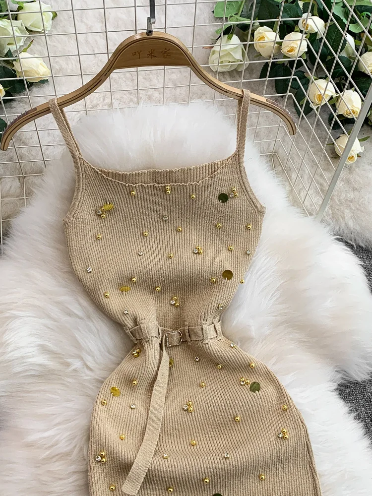 American Sle Spicy Girl Heavy Embellied Diamond Strap Dr Women's Summer Knitted Belted Waist Ele Split Long Dr