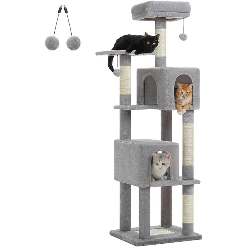 

PAWZ Road Cat Tree Tower 62 Inches Cat Tree with 2 Condos,2 Large Perch,4 Scratching Posts & 1 Scratching Board, and 2 Hanging B